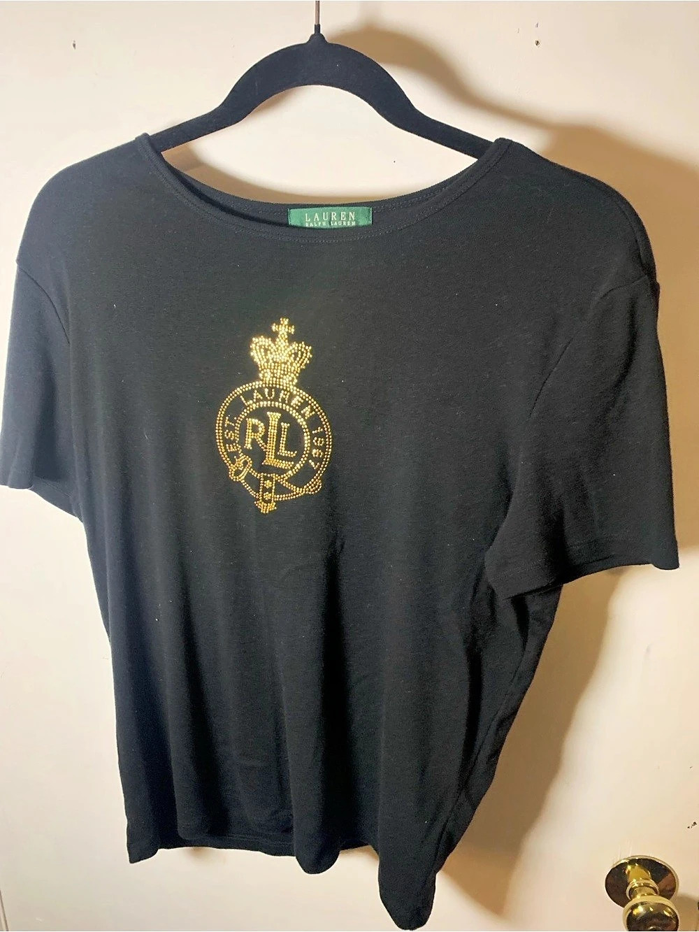 Lauren Ralph Lauren RL Crest Rhinestone Logo Black Tee Large